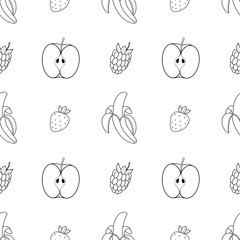 Seamless pattern with apples, bananas and berries