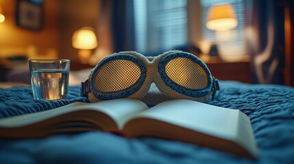 Cozy Bedroom Scene with Sleep Mask, Water Glass, and Open Book