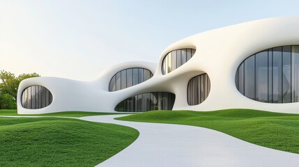 Modern architectural design with organic shapes and green landscaping. Urban and architecture innovative buildings concept.