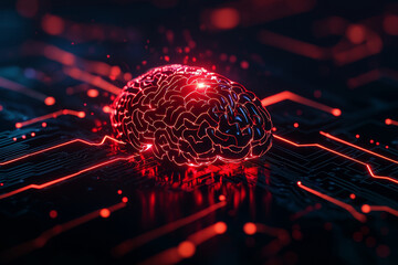 Futuristic brain with circuitry and glowing elements on a dark background.