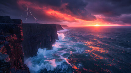 Dramatic sunset over rocky cliffs with turbulent ocean waves and lightning.