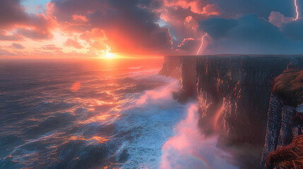 Sunset over cliffs with waves crashing against the shore.