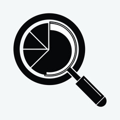 Magnifying glass analyzing pie chart data white graphics isolated on white background