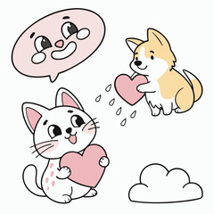 Fototapeta premium Adorable Cartoon Animals Sharing Love Cute Cat and Corgi with Hearts, Perfect for Valentine's Day or Love-Themed Projects