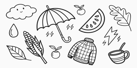 Autumn's Embrace A Collection of Cute Hand-Drawn Illustrations Featuring Rain, Cozy Sweaters, and Fall Fruits