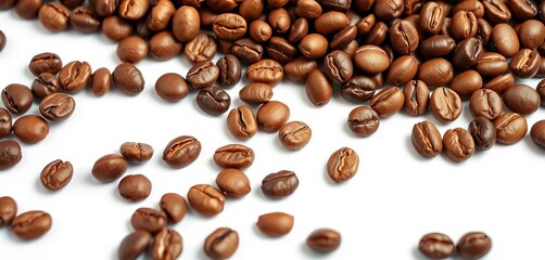 Naklejka premium Close-up of roasted coffee beans on white background, product, detail