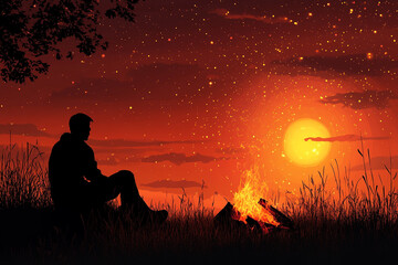 Silhouette of a man sitting by a campfire