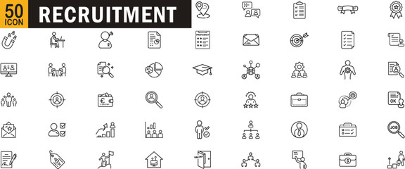Recruitment outline icon set. Hiring, job search, candidate evaluation, human resources, onboarding, resumes, employee selection, talent acquisition and more.