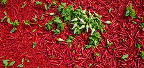 Aerial view of red chili pepper processing in a rural Rajshahi, Bangladesh field,  farming,  chili
