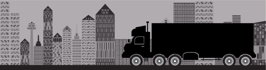 Truck on City Street, Truck City Silhouette, Transport on City Road.