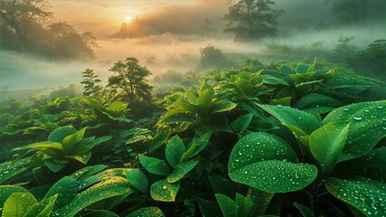 Mystical Morning Dew on Leaves at Sunrise