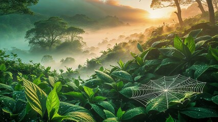 Mystical Morning Dew on Leaves at Sunrise