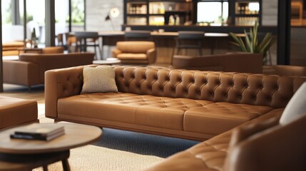 Luxurious Brown Leather Sectional Sofa in Modern Lounge