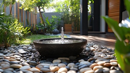 Serene backyard retreat featuring a stone water fountain gently bubbling amidst smooth pebbles in a tranquil Zen garden