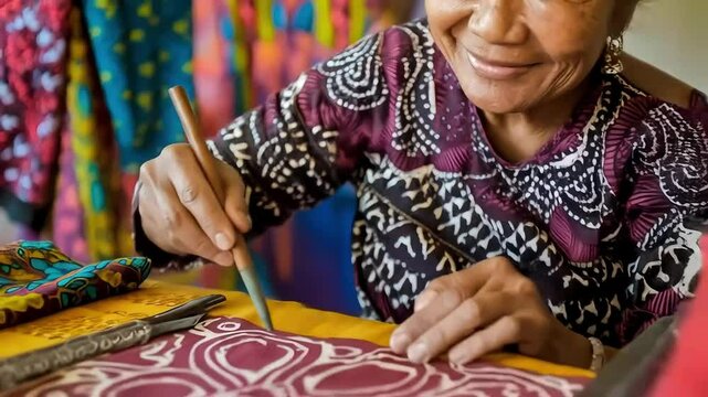 Smiling artisan meticulously creates intricate patterns on fabric using a traditional tool