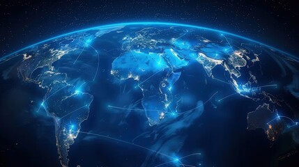 Fototapeta premium A stunning view of planet Earth at night, showcasing global networks and city lights.
