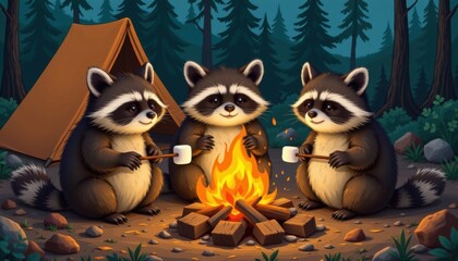 three chubby raccoons roasting marshmallows over a campfire, one accidentally burning his; line drawn tent and forest behind them.