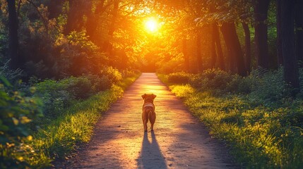 Dog Walking on Forest Path During Stunning Sunset in Golden Light