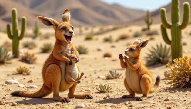 a chubby kangaroo bouncing with a baby in its pouch, both laughing, while another chubby animal claps nearby; desert background with line cacti.