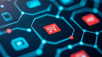 Digital shopping cart icon on a network interface background. Creative business ideas for e-commerce networking and digital concept.