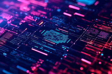 Abstract digital circuit board with vibrant neon colors and patterns.