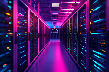 High-tech data center with vibrant illuminated servers.