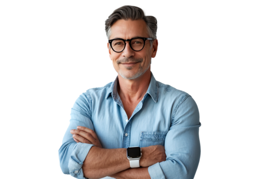 A close-up shot of a smiling man wearing glasses and a denim shirt, with arms crossed and a smartwatch on his wrist - Powered by Adobe