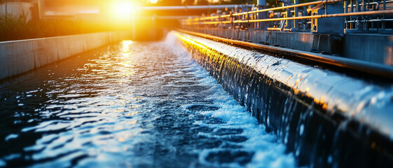Sunset over a flowing water channel with rippling reflections.