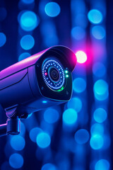 Surveillance camera with vibrant bokeh lights in the background.