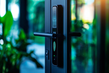 Smart door lock with modern design and greenery in the background