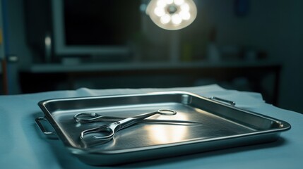 Surgical Instruments on Sterile Tray in Blurred Background