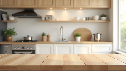 Natural Wooden Tabletop with Blurred Modern Kitchen Background for Product Display, Beautiful natural wooden table with kitchen background