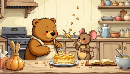 a chubby bear and a mouse trying to bake a cake, batter flying everywhere, line drawn kitchen with stove, dishes, and open cookbook.