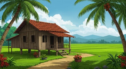Tranquil Wooden House in Tropical Landscape