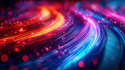 Abstract illustration of colorful light trails with glowing particles forming dynamic curves.