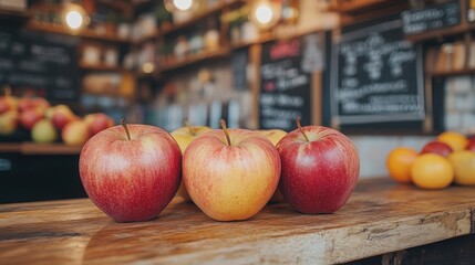 Fresh Red and Golden Apples on Wooden Counter in Market Setting