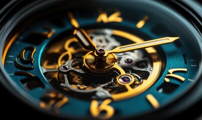 Close-up teal automatic watch, intricate gears visible, timekeeping mechanism