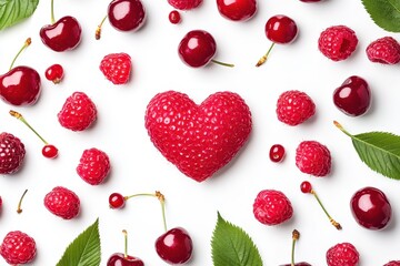 Fototapeta premium Heart-Shaped Red Berry Surrounded by Fresh Berries on White Surface