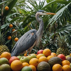A heron walking among tropical fruits, white background