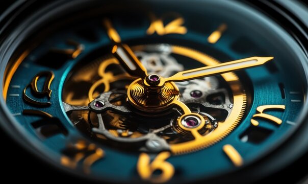 Close-up teal automatic watch, intricate gears visible, timekeeping mechanism