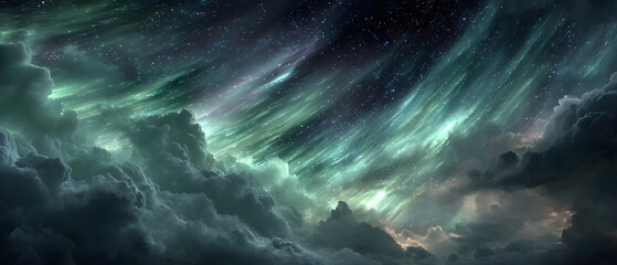 Majestic swirling clouds illuminated by colorful lights.