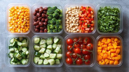 Fresh Colorful Vegetables and Fruits in Clear Containers on Table