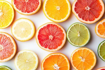 Fototapeta premium Colorful Citrus Fruits Slices Arranged on Bright White Background