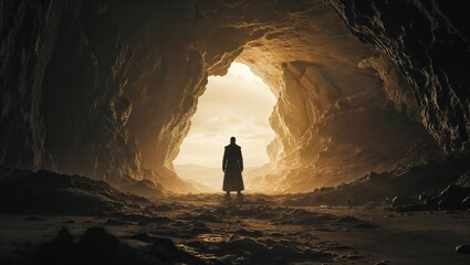 Explorer standing at the entrance of an ancient cave, the darkness beyond filled with the promise of discovery