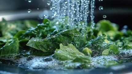 Fresh Green Leaves Being Washed Under Running Water Close Up