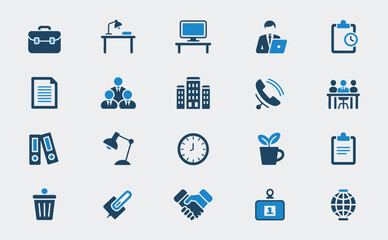 Office icon set. Containing briefcase, desk, computer, meeting, employee, schedule and co-worker symbol. Solid workspace icons vector collection.
