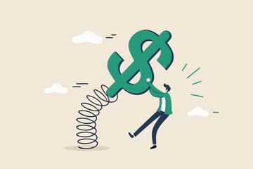 Stock market volatility and fluctuation, market swing by greed and fear of investor or financial investment risk concept, businessman investor trying to grab and pull dollar money sign tie with spring