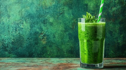 Fresh Green Smoothie in Glass with Straw on Rustic Background