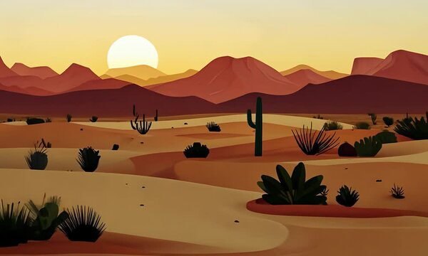 Desert landscape with cacti and mountains under a bright sun