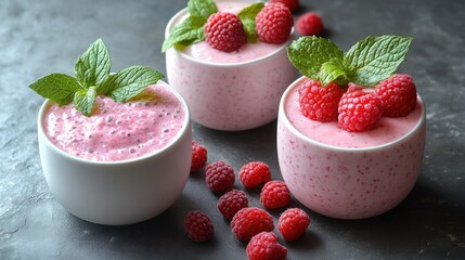 Fresh Raspberry Dessert Cups with Mint Leaves on Dark Background